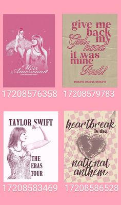 four different types of posters are shown in pink and green colors, with the words give me back it was called taylor swift