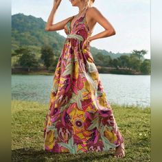 New Flowy Boho Floral Leaf Print Maxi Dress * Plunge V Neckline * Halter Cami Top * Adjustable Spaghetti Strap * Criss Cross Open Backless * Sleeveless * High Waist * Flared Full Skirt *Approximate Unstretched Measurements* Xs (2) *Bust 32.25"(Up To 34") *Waist 26.75" *Length 57.5" Small (4) *Bust 34"(Up To 35.25") *Waist 28.25" *Length 58" Medium (6) *Bust 35.5"(Up To 37") *Waist 30" * Length 58.25" Large (8/10) *Bust 37.75"(Up To 39.5") *Waist 32.25" * Length 58.75" Xl (12) *Bust 40.25"(Up To Sun Clothes, Halter Cami Top, Festival Sandals, Flowy Sundress, Coachella Music Festival, Casual Date Night, Spring Summer Dress, Tropical Floral, Bohemian Dress