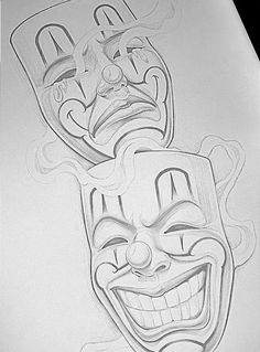 two drawings of clowns with faces drawn in pencil on paper, one is smiling and the other has an open mouth