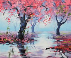 a painting of trees in the water with pink flowers on them and leaves floating around