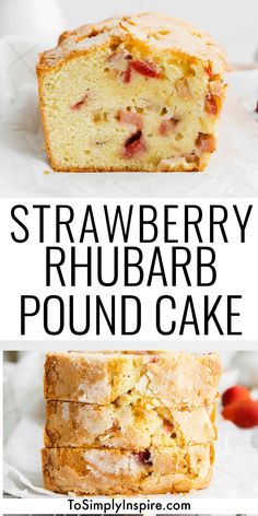 strawberry rhubarb pound cake on a white plate with the text overlay