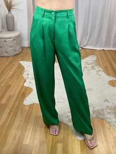 Stunning High Waisted Flowy Wide Leg Trousers ft. Pockets, Belt Loops, Front Pleats & Zipper + Button Closure. Faux back pockets. Great for work but also street style vybes. Available in green & cream. Pair with the Victorious Corset Top or Classy Queen Top! Maclaine is 5'7 wearing a size small. She typically wears a 25 and these fit perfectly. These do not have stretch. 100% Lyocell Small 13” waist- fits 24/25/26 3’6” top to bottom 29.5” inseam Medium 14” waist- fits 27/28 3’7” top to bottom 30 Green Bottoms With Pockets For Day Out, Green Bottoms For Workwear In Fall, Green Straight Leg Pants For Day Out, Chic Green Pants For Night Out, Green Wide Leg Office Bottoms, Green Wide Leg Bottoms For Office, Green Office Bottoms For Fall, Casual Green Office Pants, Green Straight Pants For Night Out