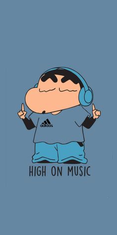 a cartoon character with headphones on and the words high on music written below it