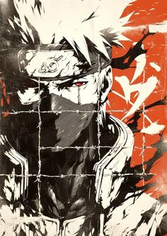 a drawing of a man with white hair and red eyes behind a barbed wire fence