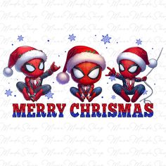 three cartoon characters wearing santa hats and holding hands up in the air with merry christmas written on