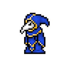 an image of a pixel art style character in blue and yellow with a white background