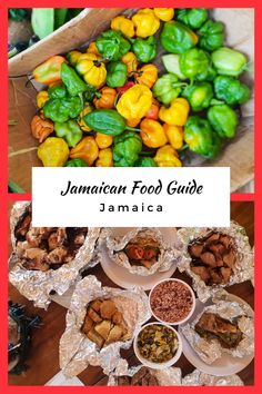 the jamaican food guide is shown with different types of peppers and other foods in bowls