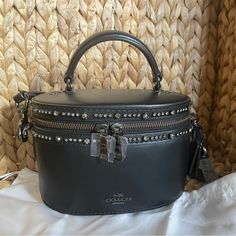 Coach X Selena Gomez Trail Bag Black Leather W/ Crystal Embellishment, Gunmetal, Crossbody, Zipper Box Bag - Nwt - Never Used - Rare, Mint Condition - “Never Perfect Always Me” 7 3/4” (L) X 5 1/4” (H) X 4 1/2” (W) Coach Evening Bag With Metal Hardware, Elegant Coach Shoulder Bag For Party, Luxury Coach Bag For Party, Luxury Coach Party Bag, Luxury Coach Party Bags, Coach Leather Party Bags, Bags Coach, Box Bag, Crystal Embellishment