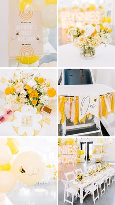 yellow and white wedding decor with balloons, flowers and honeycombs on the table