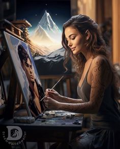 a woman sitting in front of a easel painting a picture with mountains behind her