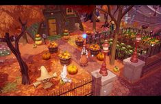 an animated halloween scene with pumpkins and other decorations