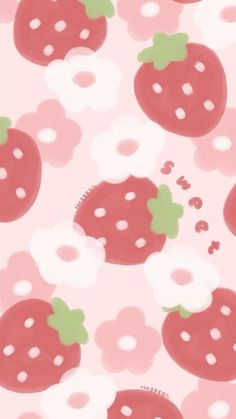 an image of strawberrys and donuts pattern on a pink background with white dots