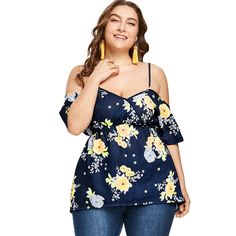 Plus Size Flower Spaghetti Strap Blouse - Blue - 3S73052614 - Women's Clothing, Plus Size Women's Clothing  #PlusSizeWomensClothing #Women's #Clothing # #Plus #Size #Women's #Clothing Spaghetti Strap Blouses, High Low Blouse, Trendy Plus Size Clothing, Plus Size Top, Floral Print Tops, Plus Size Womens Clothing, Casual Tank Tops, Plus Size Blouses, Casual Blouse