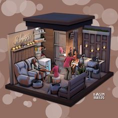 a group of people sitting around a living room on top of a dollhouse floor