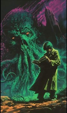 a man standing next to an octopus in front of a giant creature with glowing eyes