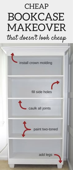 a white bookcase with instructions to make it look like an empty shelf in the closet