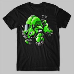 a black t - shirt with an image of a green robot