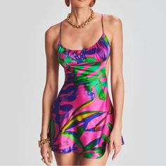 Description Brighten Up The Night In Our Josefine Dress. This Flirty Mini Dress Feature A Day-Glo Tropical Print, Slightly Gathered Bust, Barely-There Straps, And An A-Line Skirt. Shown Here In Tropical Leaf. 95% Silk, 5% Spandex Made In China Model Is 5'11" Wearing Size Xs Style No. Ss23-6521 Nwt Size L Best Party Dresses, Australia Clothes, Destination Dress, Silk Chiffon Dress, Vintage Inspired Fashion, Feather Dress, Tropical Leaf, Summer 24, Silk Chiffon