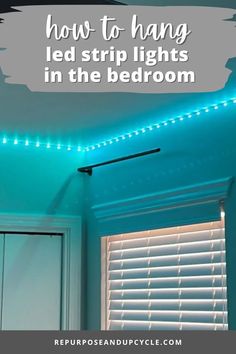 a bedroom with blue walls and white shutters that says how to hang led strip lights in the bedroom