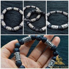 Silver Rune and Black Lava Stone Bracelet  #runes #vikingwarrior #vikingbeards #vikingaxe #mjolnir #vikinglife Norse Runes, Norse Jewelry, Lava Stone Bracelet, Viking Life, Viking Bracelet, Viking Warrior, Lava Stone, Stone Bracelet, Silver Beads