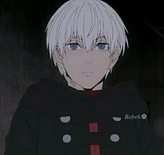 an anime character with short white hair and blue eyes wearing a black jacket, standing in front of a dark background