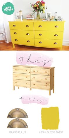 the dresser is painted yellow and has different colors