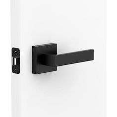 an open door with a black handle on the front and side of it, against a white background