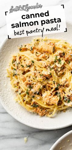 a plate of spaghetti with text overlay that reads canned salmon pasta - best pantry meal! Canned Salmon Pasta, Canned Salmon Salad, Salmon Pasta Recipe, Pasta Salad Salmon, Salmon Pasta Recipes, Canned Salmon Recipes, Canned Salmon, Can Salmon, Healthy Salmon Recipes