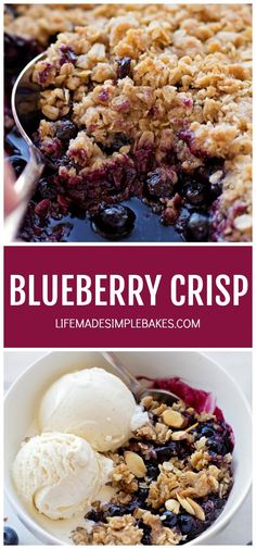 blueberry crisp in a bowl with ice cream on top and the title above it