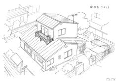 a drawing of two houses in the city