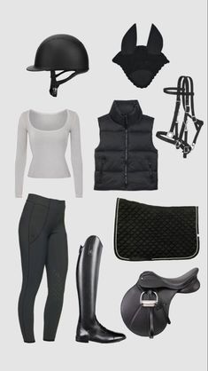 an assortment of equestrian gear including riding boots, helmet and gloves