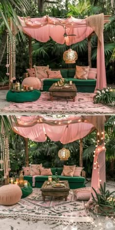 an outdoor seating area with pink and green decor