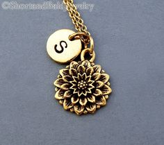 Chrysanthemum necklace, flower charm, Chrysanthemum flower, antique gold, initial necklace, hand sta Chrysanthemum Necklace, Pizza Necklace, Gold Initial Necklace, Chrysanthemum Flower, Necklace Flower, Necklace Antique, Gold Initial, Personalized Monogram, Initial Charm