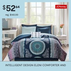 an advertisement for a bed set with blue and white designs on the cover, along with text that reads $ 524 reg $ 40