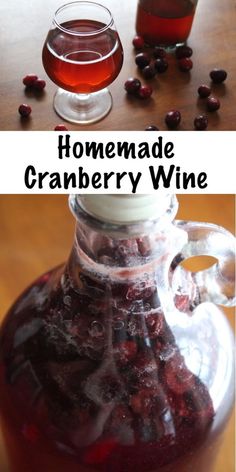 homemade cranberry wine in a glass bottle and on the table