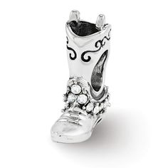 Add a chapter to your bead collection with theme charms designed to reveal your personal story and celebrate special events. This cowgirl boot charm made from antiqued sterling silver accented with Swarovski Crystals is approximately 12mm in width by 13mm in length and has a 4mm core. All of our charms are interchangeable as well as compatible with other popular 3mm width bead style bracelets and necklaces. Cowgirl Boot Jewelry, Boots Bracelets, Western Boot Bracelet, Western Charm Bracelet, Cowboy Boot Charm Necklace, Bow Jewelry, White Crystals, Black Bow, Silver Accents