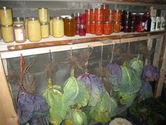 some vegetables are hanging up on the shelf in front of jars with mustard and other condiments