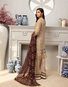 Beautiful Pakistani Chiffon Suit In Beige Color, Detailed Crystal, Zari and Thread Work, Designer Chiffon Collection 2020 Available for Online In USA. Maroon Combination, Golden Wedding Dress, Chiffon Suit, Asian Designers, Organza Shirt, Deep Maroon, Desi Clothes, Chiffon Collection, Embroidered Dupatta