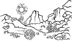 a black and white drawing of mountains with rocks, grass and flowers in the foreground