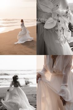 three different shots of a woman in a wedding dress on the beach