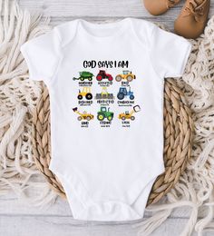 ** Quick Sizing Tip ** Onesies® Bodysuits are printed on Gerber organic. These tend to run small so we recommend sizing up if you are on the fence. Toddler shirts are true to size. 📋 HOW TO ORDER: ✧ Choose Onesies® Bodysuit or shirt size (sizing chart below) and sleeve length ✧ Select design color if applicable ✧ For personalized designs - enter customization in "Add your personalization" field ✧ ADD TO CART ✧ Select from our shipping class options (all items shipped next day!) * * * * * * * * White Short Sleeve Onesie For Baptism, Fitted Cotton Bodysuit For Baptism, Personalized Fitted Onesie For Baptism, Gerber Organic, God Says, New Baby Boys, Baptism Gifts, Diy Shirt, Consumer Products