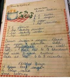 an old recipe book with writing on it