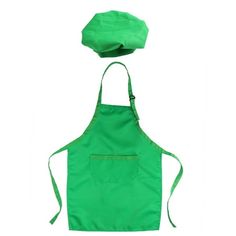 a green apron and hat are shown on a white background for use in cooking or baking