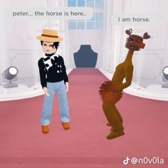 two animated giraffes are standing in a room with pink carpet and white walls