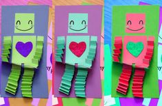 three pictures of different colored paper with faces and arms made to look like robotes