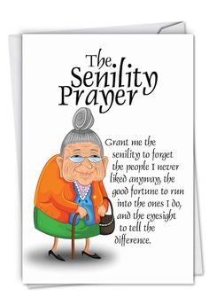 an old woman is sitting in a chair with the words, the serility prayer