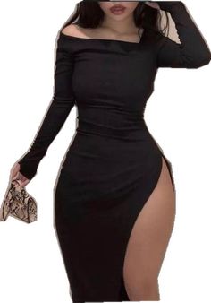 Black Winter Cocktail Bodycon Dress, Black Stretch Dresses With Side Slits, Black Stretch Bodycon Dress With Side Slits, Black Stretch Dress With Side Slits, Black Bodycon Dress For Evening In Fall, Sleek Winter Party Bodycon Dress, Elegant Black Bodycon Dress With Side Slits, Black Bodycon Midi Dress With Side Slits, Sleek Black Bodycon Dress For Going Out