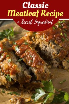 meatloaf recipe with sauce and parsley on top, in front of the title