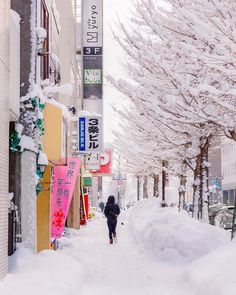 a person walking down a snow covered street