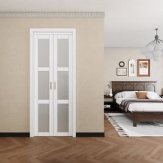 a bedroom with a bed and two doors leading to the other room that has a wooden floor